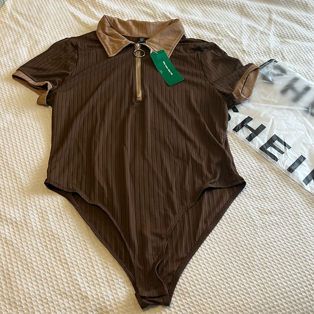 SHEIN brown / tan zip front bodysuit NWT!